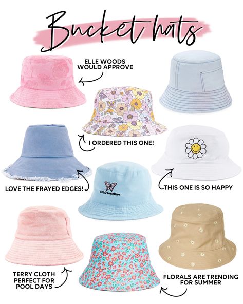 Bucket hats are a major trend this summer! Buket Hats Outfits, Pink Bucket Hat Outfit, Cute Bucket Hat Outfits, Bucket Hat Ideas, Bucket Hat Outfits, Hat Outfit Summer, Cute Bucket Hats, Daisy Hat, Butterfly Hat