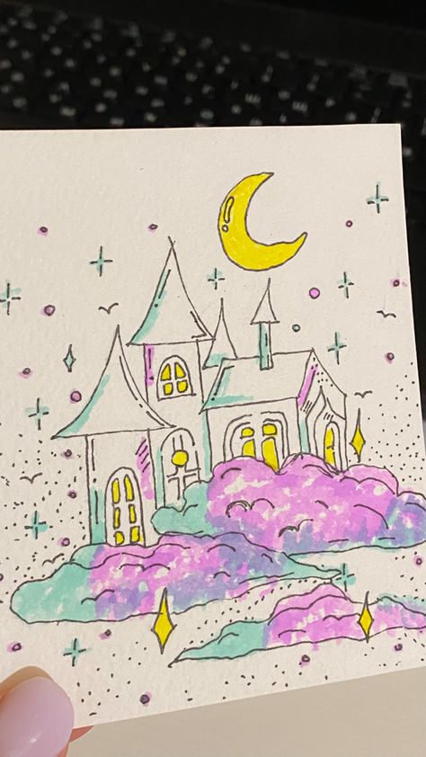 Magical Drawings Easy, Easy Drawings Fairy, Fairy Castle Drawing, Fairytale Drawings Easy, Princess Drawings Easy, Posca Art Doodle, Disney Castle Drawing, Fairytale Drawings, Magical Drawings