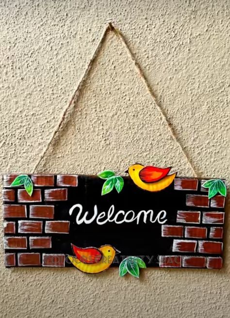 Room Decor Ideas With Cardboard, Welcome Board Ideas For Home, Wall Art From Recycled Materials, Handicrafts Ideas For School, Home Decor Cardboard Diy, Wall Hangings With Cardboard, Recycled Wall Decor, Diy Wall Decor From Cardboard, Welcome Art Design