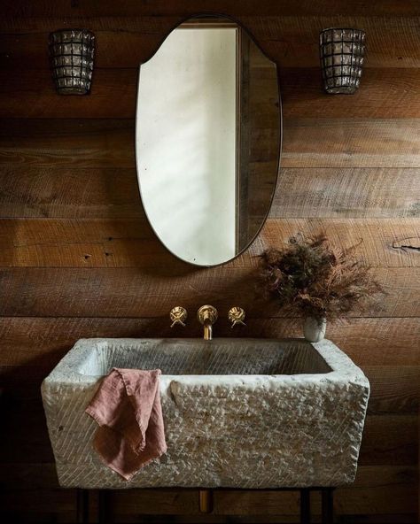 Amber Lewis on Instagram: “Never met a stone sink I didn’t like!! // #clientambersmontanaextravaganza 📷 @shadedeggesphotography” Bathroom Monochrome, Bush House, House Basement, Mountain Cottage, Amber Lewis, Wash Stand, Tool Shed, Marble Sinks, Toilet Bathroom