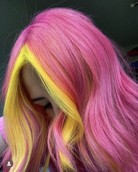 Pink Hair Yellow Money Piece, Creative Hair Color Placement, Purple Yellow Hair, Pink Yellow Hair, Hair Dye Aesthetic, Pink And Yellow Hair, Pink And Orange Hair, Hair Color Placement, Magical Hair