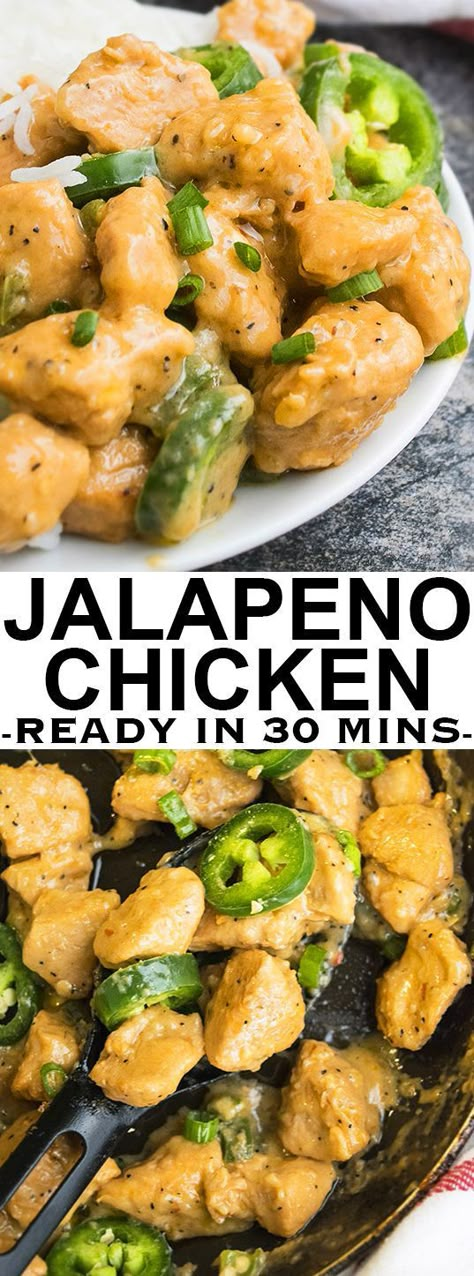 This quick and easy JALAPENO CHICKEN recipe makes a great 30 minute meal and requires simple ingredients. It's rich and creamy and is inspired by Asian/Chinese flavors. From cakewhiz.com Jalapeno Chicken Recipes, Rabbit Recipes, 30 Minute Meals Easy, Jalapeno Recipes, Jalapeno Chicken, Chicken Easy, Chicken Fried, 30 Minute Meals, Recipes Chicken