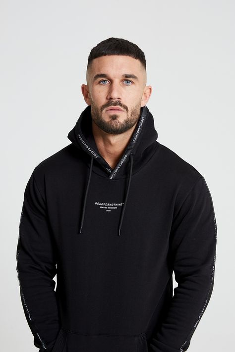 Authentic Taped Black Hood - Men from Good for Nothing UK Men Sweatshirts, Black Hoodies Men, Hoodie Man, Hoodies For Men, Men Hoodies, Mens Hoodie, Hoodie Men, Hooded T-shirt For Streetwear, Men’s Black Hoodie Outfit