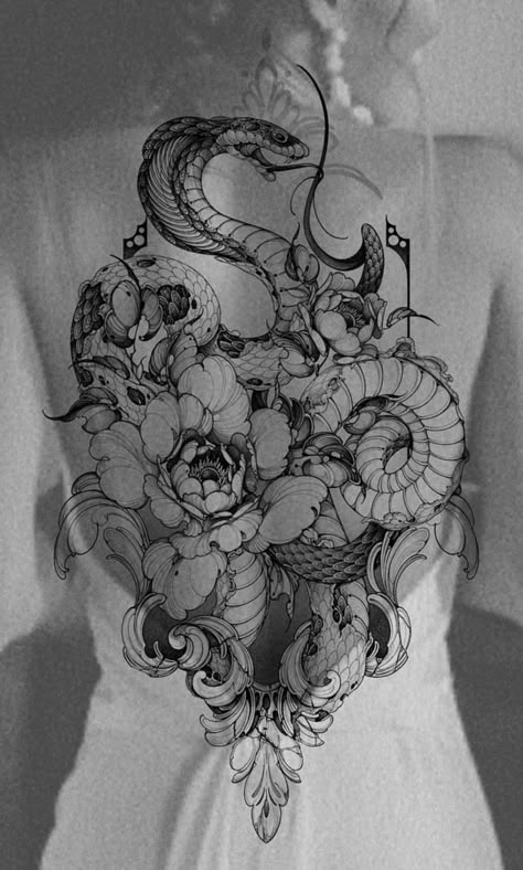 Blackwork Back Tattoo Women, Gotik Tattoo, Backpiece Tattoo, Matching Tats, Framed Tattoo, Back Piece Tattoo, Dragon Tattoo For Women, Wicked Tattoos, Snake Tattoo Design