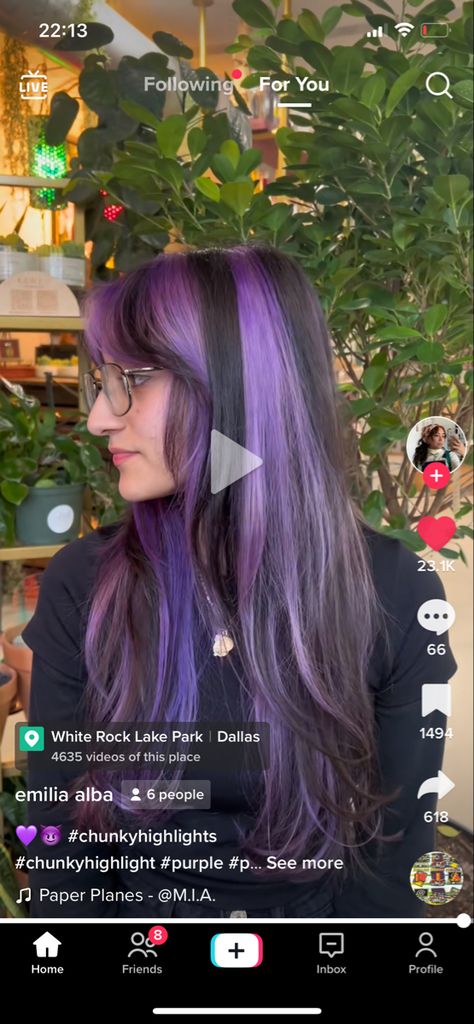 Black With Purple Streaks, Black And Purple Shag Hair, Black And Purple Chunky Highlights, Wolfcut Chunky Highlights, Purple Skunk Highlights, Purple Peak A Boo Hair, Purple Shag Hair, Colored Tips Hair, Purple Skunk Hair