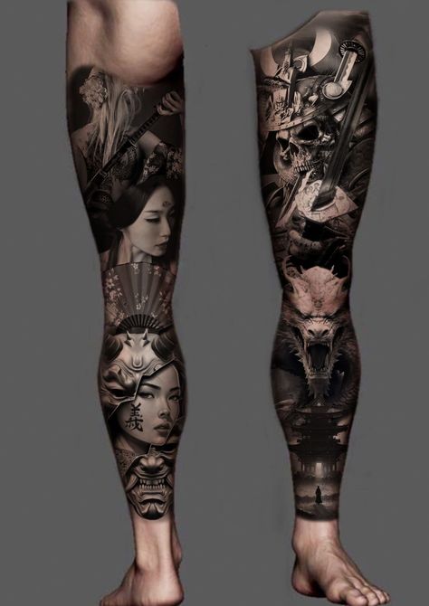 Back Full Tattoo, Women Tattoo Leg, Leg Tattoo Design, 108 Tattoo, Calf Sleeve Tattoo, Geisha Samurai, Koi Tattoo Sleeve, Knee Tattoos, Geisha Tattoo Design