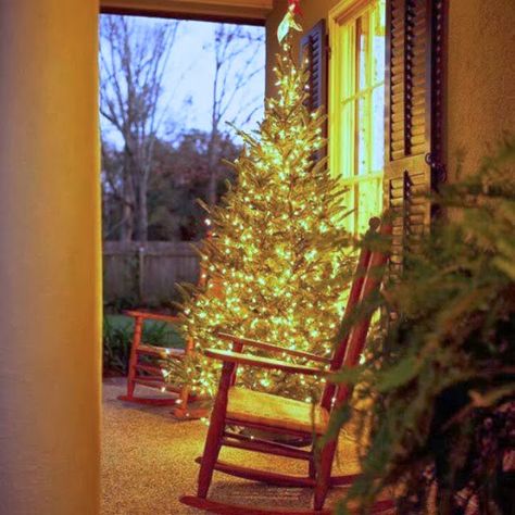 Two Men and a Little Farm Tree On Front Porch, Porch Christmas Tree, Natal Country, Sleigh Bells, And So It Begins, Front Porch Christmas, Christmas Front Porch, Pretty Christmas, Christmas Porch