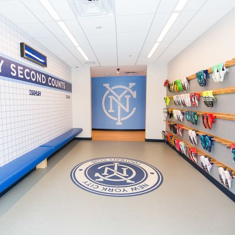 Soccer Locker, Sports Locker, Training Facility, Children Park, New York City Fc, Professional Soccer, Basketball Design, Boot Room, Changing Room