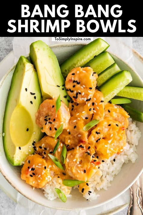 Crispy shrimp coated in bang bang sauce, crunchy cucumbers, and creamy avocado on rice is what you'll find in this super simple, incredibly delicious Bang Bang Shrimp Bowl! Shrimp Rice Bowl Yum Yum Sauce, Big Meal Prep Ideas, Shrimp Bariatric Recipes, Healthy Shrimp Dishes Clean Eating, Ground Shrimp Recipes, Healthy Dinner Recipes For Two Fish, Boom Boom Shrimp Bowl, Meals With Shrimp And Rice, Easy Healthy Meals Shrimp