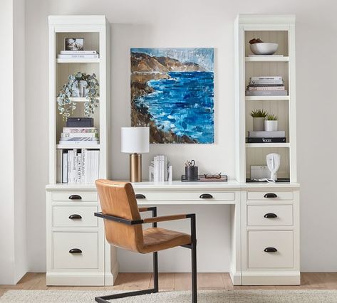 Aubrey 78" Desk with File Cabinets | Pottery Barn Farmhouse Home Office Decor, Desk With File Cabinets, Farmhouse Home Office, Desk Organization Ideas, Beadboard Paneling, File Cabinet Desk, Writing Desk With Drawers, File Cabinets, Leather Desk