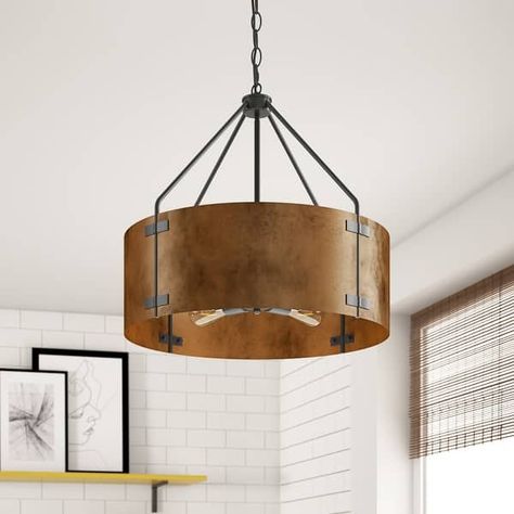 Vintage Matte Black 4-Light Metal Drum Pendant Light with Brown Lampshade - Bed Bath & Beyond - 39861247 Copper Dining Room Light, Metal Drum Pendant Light, Wood Lighting Design, Contemporary Crystal Chandelier, Wood Lighting, Drum Pendant Lighting, Metal Drum, Black Lampshade, Vintage Pendant Lighting