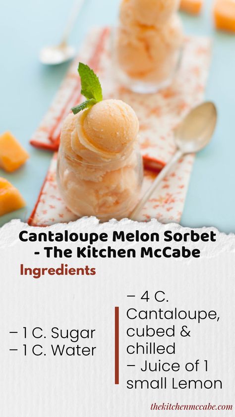 This simple and refreshing cantaloupe melon sorbet is easy to throw together and makes the perfect summer treat! Recipes With Cantaloupe, Cantaloupe Sorbet, Melon Sorbet, Cantaloupe Recipes, Sorbet Is, Baked Dessert, Sugar Cubes, Baked Dessert Recipes, Snacks Recipes