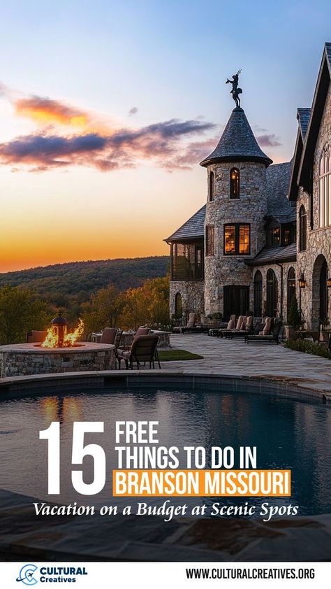 Enjoy a serene view of a stone mansion with a fire pit and pool overlooking rolling hills at sunset, illustrating 15 free things to do in Branson Missouri. Branson Scenic Railway, Things To Do In Branson, Branson Missouri Vacation, Missouri Vacation, Vacation On A Budget, Branson Vacation, Road Trip Places, Family Vacay, Branson Missouri