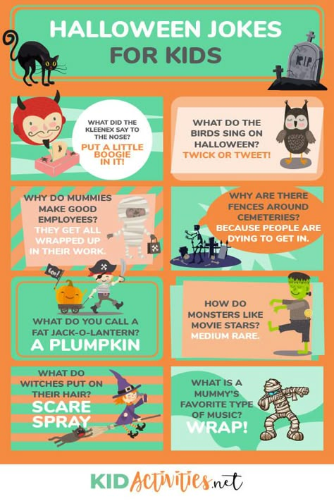 55 Funny Halloween Jokes for Kids - Kid Activities Halloween Jokes For Kids, Lunch Jokes, Good Clean Jokes, Funny Halloween Jokes, Kids Jokes, Lunchbox Jokes, Halloween Jokes, Lunchbox Notes, Lunch Notes