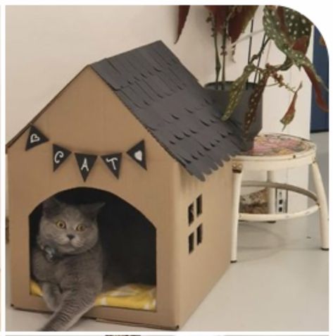 Carton House For Cats, Diy Kitten House, Diy Cat Box House, Cardboard Cat House Diy How To Make, Diy Cat Cardboard House, Diy Cat Cardboard, Cardboard Box Cat House Diy, Diy Cat House Cardboard, Cardboard House For Cats