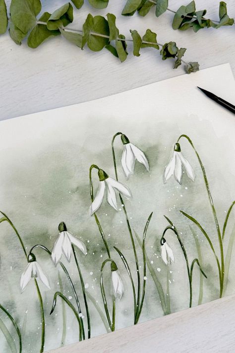 Watercolor snowdrop flower, spring floral illustration, loos watercolor painting. Snowdrop Flower Watercolor, Snow Drop Flower Painting, Pressed Snowdrops, Snowdrops Painting, Snowdrop Watercolor, Snowdrop Illustration, Snowdrop Painting, Thrifted Gifts, Snowdrop Art