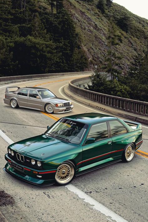 Highlighting the Mercedes 190 EVO II and BMW E30 M3, this pin celebrates two of the most iconic sports cars from Germany. Known for their roles in DTM racing, both cars boast exceptional performance and design. The 190 EVO II, with its striking aerodynamics, and the E30 M3, renowned for its handling and engine, set benchmarks in the automotive world. A nod to a time when rivalry on the track led to some of the most exciting developments in car engineering. Bmw Artwork, 190 Evo Ii, Mercedes 190 Evo, Bmw E21, Serie Bmw, Mercedes 190, Bmw E30 M3, E30 M3, Good Looking Cars