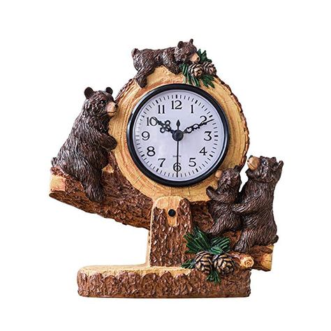 HAOFAY Retro Mantel/European Resin Simple Personality Quartz Clock Desk & Shelf Clock Review Bear Table, Novelty Clocks, Unusual Clocks, Rustic Clock, Woodland Bear, Black Bears, Wooden Bear, Wildlife Decor, Tree Table