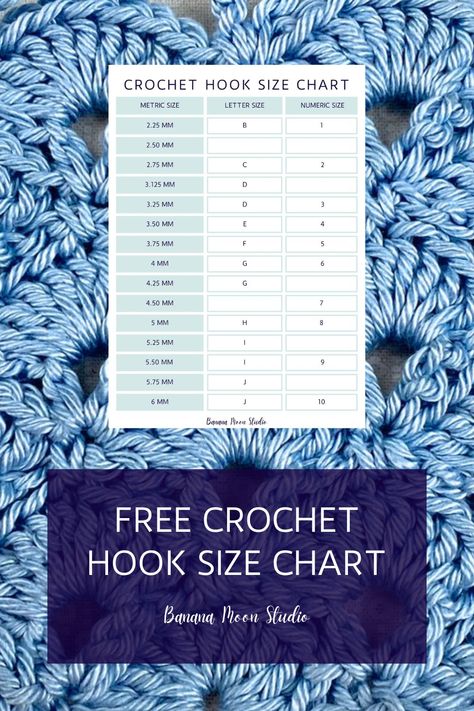 Blue crochet swatch in the background with a small photo of a crochet hook size chart over it. A purple panel with text reads: Free crochet hook size chart. Banana Moon Studio. Hook Sizes Crochet, Crochet Hooks Sizes, Crochet Hook Size Chart, What Size Is A 4mm Crochet Hook, Crochet Hook Conversion Chart, Crochet Hook Sizes Chart, Letter Hooks, 3.5mm Crochet Hook Patterns, Jumbo Crochet