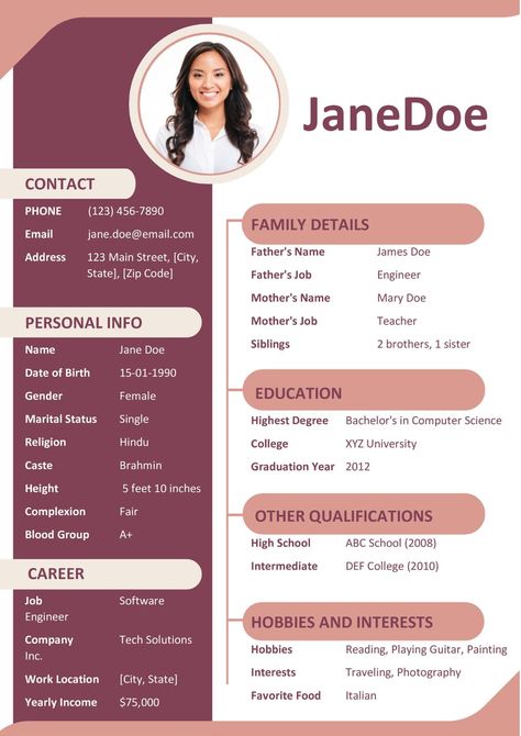 Marriage Biodata Maker | Marriage Biodata Format Pdf & Word Wedding Biodata Format, Marriage Biodata Format, Templates For Wedding, Bio Data For Marriage, Abc School, Biodata Format, Blood Groups, Graduation Year, Arranged Marriage