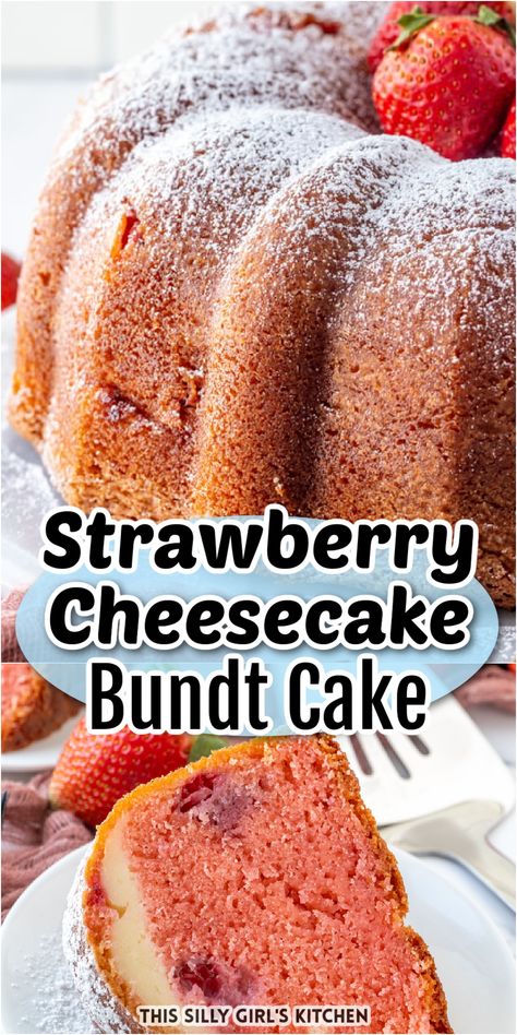 If you love strawberries and cheesecake then this is the dessert for you. This strawberry cheesecake bundt cake recipe from This Silly Girl's Kitchen has a layer of cheesecake stuffed inside. Easy, tasty and absolutely delicious, this cake would be perfect for a summer birthday party, 4th of July celebration, and more! Cheesecake Bundt Cake, Strawberry Bundt Cake, Stuffed Strawberry, Easy Bundt Cake Recipes, Strawberry Shortcake Cheesecake, Easy Bundt Cake, Bundt Cake Recipe, Strawberry Dessert Recipes, Bundt Cakes Recipes