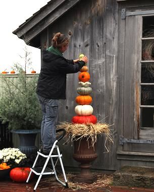 Pumpkin Tower, Outside Fall Decorations, Fine Gardening Magazine, Succulent Pumpkin, Low Maintenance Shrubs, Fall Container Gardens, Fall Containers, Big Splash, Small Shrubs