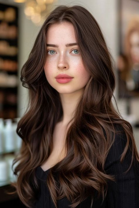 Young woman with long wavy brown hair and a neutral expression standing in a salon. Hair Color Ideas For Brown Skin Indian Long Hair, Dark Brown Brunette Hair, Vibrant Brown Hair, Chocolate Hair Highlights, Chocolate Brown Hair Blue Eyes, Chocolate Copper Hair Color, Hair Color Ideas For Brown Skin, Honey Tea Brown Hair Color, Cappuccino Hair Color