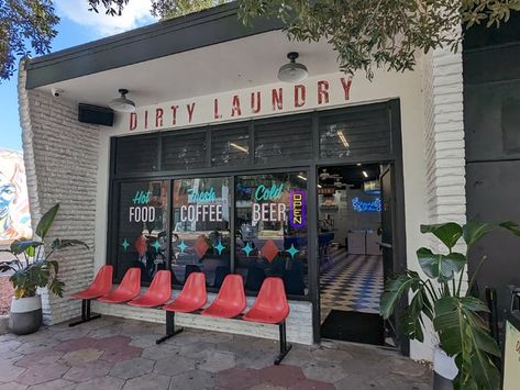 There’s A Secret Havana-Inspired Bar Hiding Inside This Laundromat-Themed Cafe In Florida Small Laundromat Business, Laundry Coffee Shop, Cool Laundromat Ideas, Laundromat Design Ideas, Luxury Laundromat, Cute Laundromat, Laundromat Exterior, Aesthetic Laundromat, Bloxburg Laundromat