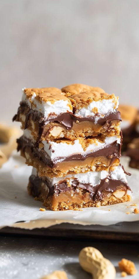 Peanut Butter S'mores Bars [45 Minutes] - Chasety Peanut Butter Fluff Bars, Game Day Sweets, Peanut Butter Smores Bars, Food Polls, Peanut Butter Smores, Chocolate Marshmallow Cookies, Butter Desserts, S Mores Bars, Food Reference