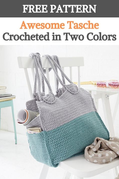 Crocheted in two colors of Schachenmayr Journey, this chic and roomy bag will hold all your belongings with ease. Outside pockets provide easy access to essentials.It would look equally good at the beach or in the city. Shopping Bag Pattern, Crochet Travel, Crochet Flats, Knitting Bag Pattern, Bag With Pockets, Free Crochet Bag, Bag Pattern Free, Crochet Braid Styles, Crochet Hat Free