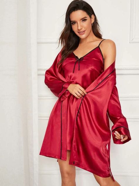 Red Silk Robe, Satin Cami Dress, Pyjama Satin, Satin Fashion, Plain Dress, Satin Cami, Camisole Dress, Satin Pyjama Set, Silk Robe