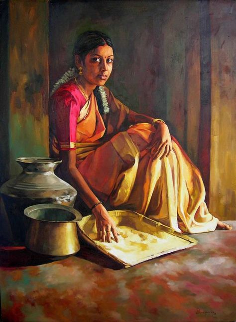 Indian Women Painting, Painted Ladies, Indian Painting, Female Art Painting, Food Painting, Indian Artist, Painting Of Girl, Realistic Paintings, Indian Paintings