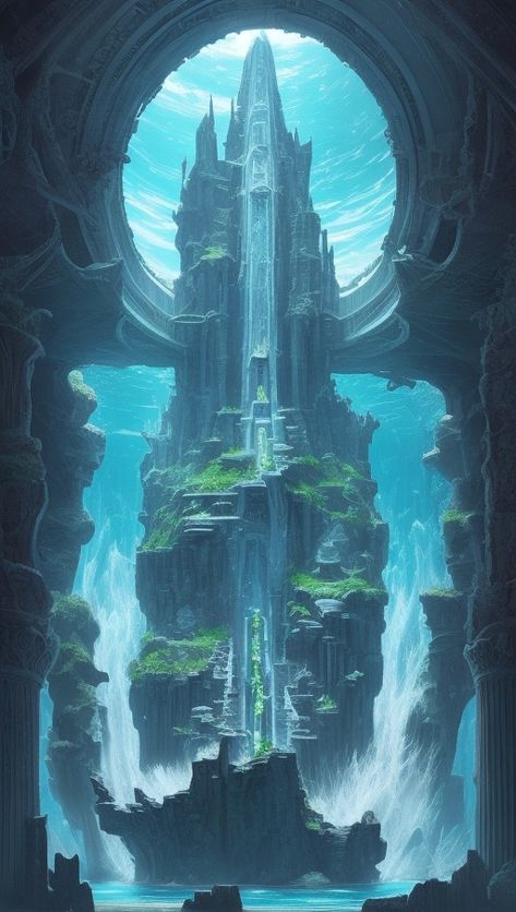 The fabled city of Atlantis rises from the depths of the ocean, its ancient splendor and mystique captured in vivid detail. Kingdom Of Atlantis, Ancient Atlantis, City Of Atlantis, Lost City Of Atlantis, Greek Mythology Tattoos, Ends Of The Earth, Fantasy Fairy, Fantasy Art Landscapes, Lost City