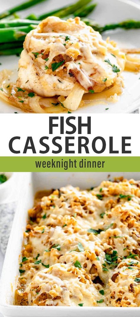 How to make fish casserole with Swiss cheese, caramelized onions, bread crumbs and white wine. Fish Casserole Recipes, White Fish Recipes Baked, Fish Casserole, Frozen Fish Fillets, Seafood Casserole Recipes, Cheesy Vegetable, Casserole Healthy, Fish Recipes Baked, White Fish Recipes