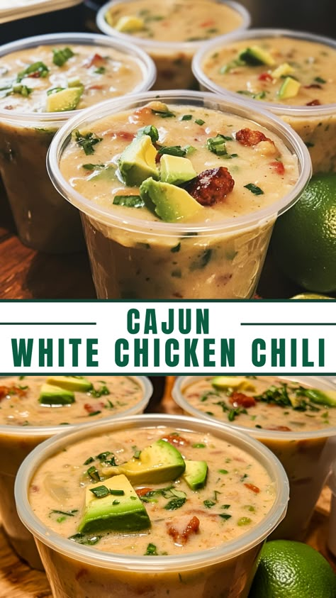 Cajun White Chicken Chili Spicy White Bean Chicken Chili, Cajun White Chicken Chili Soup, White Chicken Chili With Beans, White Chicken Chili Cannellini Beans, White Chicken Chili Low Calorie, Cajun Chicken Chili Recipe, Cajun White Chicken Chili Crockpot, Thick White Chicken Chili, Cajun Chicken Chili