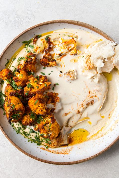 Hummus With Tahini, Cauliflower Steaks Recipes, Vegan Cashew Cheese, Cauliflower Hummus, Harissa Recipes, Roasted Cauliflower Steaks, Spiced Cauliflower, Cauliflower Steaks, Tahini Sauce