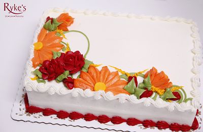 Budget-Friendly Cake Designs - Ryke's Bakery, Catering, & Café Ryke's Bakery, Catering, & Café Autumn Sheet Cake Decorating, Anniversary Sheet Cake Designs, Fall Sheet Cake Decorating Ideas, Fall Anniversary Cake, Fall Sheet Cake Ideas, Decorate Sheet Cake, Fall Birthday Sheet Cake Ideas, Thanksgiving Sheet Cakes, Fall Sheet Cake Design