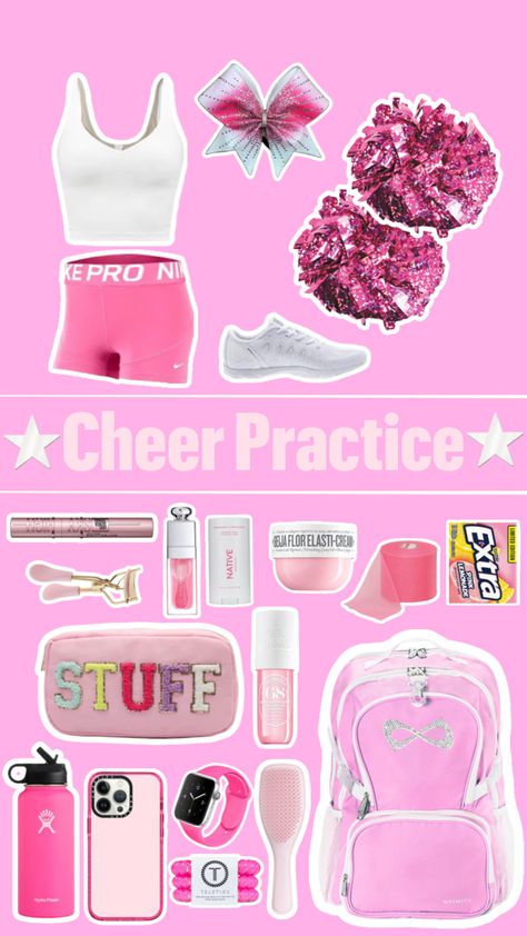 🪩🎀Cheer practice🎀🪩#cheer #cheerfit #pink #preppy #outfitinspo #shuffleinspo #shufflefyp #sunnypink03 Cheer Practice Bag, Cheerleader Practice Outfits, Cheer Competition Checklist, Cheer Bag Essentials Practice, Cheerleader Essentials, Asthmatic Outfits, Cute Cheer Outfits, Cheer Must Haves, Cheer Tryouts Outfit