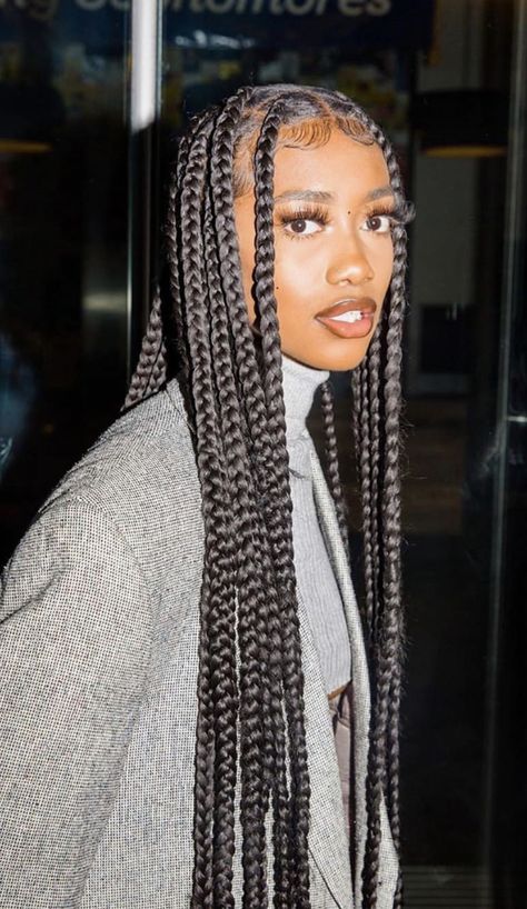 Quick Easy Braids For Black Women Protective Styles, Long Thick Twist Braids, Bug Knotless Box Braids, Box Braids 2023, Box Braids Thick, Large Knotless Box Braids 4c Hair, Thick Knotless Box Braids, Thick Box Braids Long, Medium Length Jumbo Box Braids