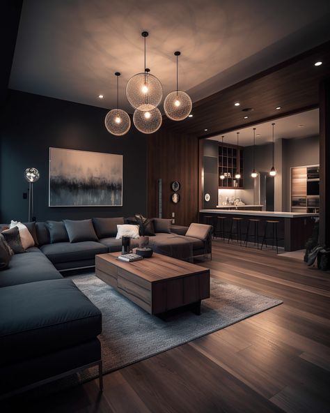 Dark Theme Living Room, Contemporary Industrial Living Room, Dark Modern Living Room, Industrial Decor Living Room, Modern Remodel, Home Decoration Ideas, Dark Interiors, Home Design Living Room, Decoration Room