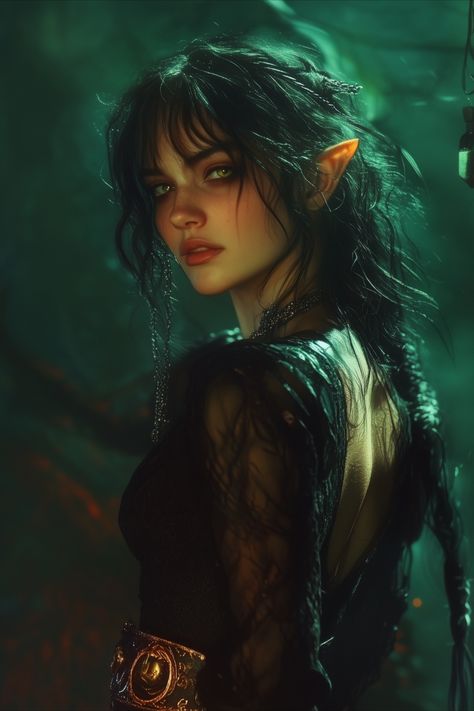 Dark elf portrait, fantasy, realistic style Portrait Fantasy Photography, Dark Fantasy Hair, Elf With Black Hair, Dnd High Elf Female, Swamp Elf, Realistic Fantasy Art, Elves Female Beautiful, Forest Elf Aesthetic, Browns Elf