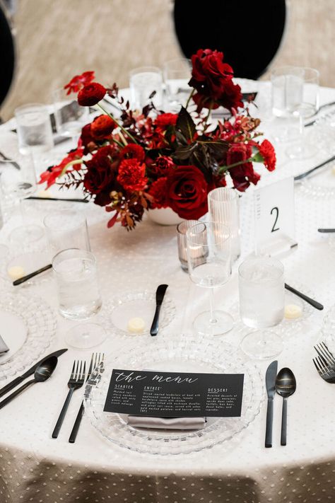 Black, White and Red Table Centerpieces Red Floral Centerpieces Wedding, Black And Red Table Setting, Red Flower Centerpieces, Red Floral Centerpieces, Red Rose Centerpiece Wedding, Bright Red Wedding, Black White And Red Wedding, Red Wedding Ideas, Dior Wedding