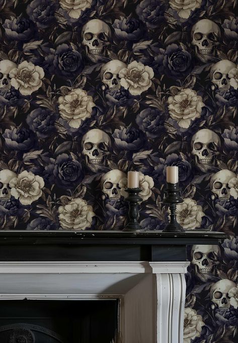 Dark Floral Skull Wallpaper Mural, Gothic Peel and Stick or Traditional Wallpaper, Black and White Witchy Bedroom, Bathroom Wall Decor NF038 Dark Bathroom Wallpaper, Romantic Goth Wallpaper, Floral Skull Wallpaper, Dark Gothic Wallpaper, Modern Gothic Interior Design, Witchy Bedroom, Wallpaper Black And White, Neutral Wallpaper, Dark Romantic