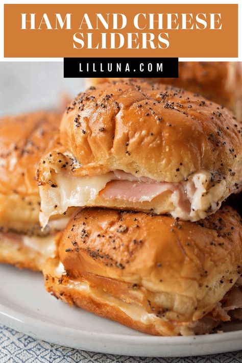 Quick + easy hot Ham and Cheese Sliders are absolutely addicting. They are a crowd favorite and disappear in minutes! #hothamandcheesesliders #hawaiianrolls #sliders #hamsliders #hamandcheese Brioche Sliders Recipe, Ham And Swiss Cracker Melts, Slider Sauce Recipe, Ham And Cheddar Sliders, Hot Sliders, Ham And Cheese Slider, Hot Ham And Cheese Sandwiches, Hot Ham And Cheese Sliders, Hot Ham Sandwiches