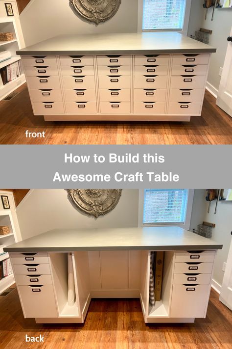 Create Your Dream Craft Table: A DIY Guide Diy Large Craft Table, Ikea Hack Craft Table, Sewing Table With Storage, Diy Ikea Craft Table, Craft Room Countertop Ideas, Ikea Hack Craft Table With Storage, Standing Craft Table, Sewing Tables Ideas Work Stations Diy, Craft Room Island Work Spaces