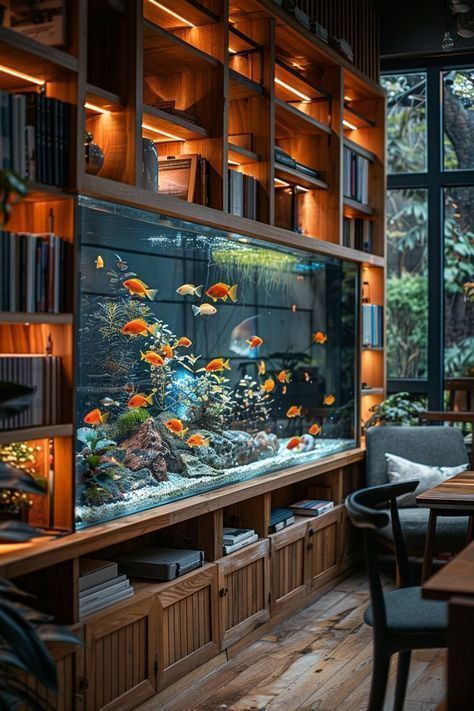 Library With Aquarium, Bookshelf Fish Tank, Office With Fish Tank, Home Fish Aquarium, Fish Tank On Bookshelf, Living Room Aquarium Ideas, Unique Library Design, Library Aquarium, Aquarium Library