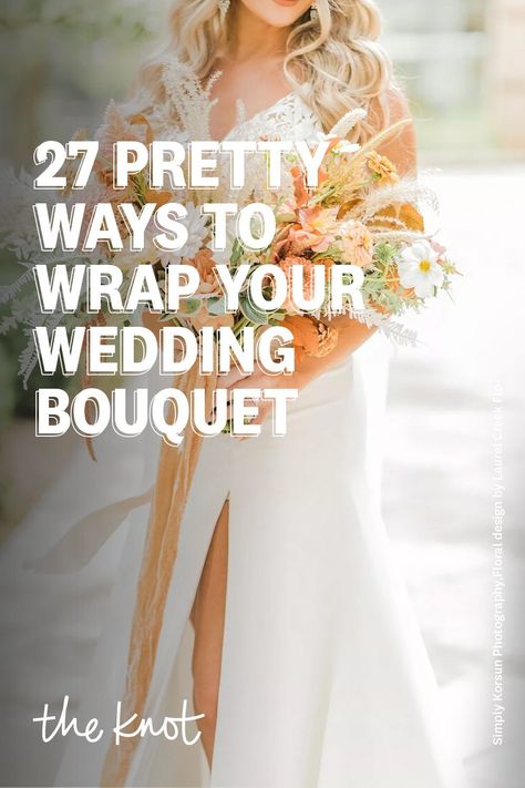 Diy Wedding Bouquet Supplies, Diy Artificial Bouquet Wedding, Wedding Bouquets With Ribbon Hanging, Ribbon On Wedding Bouquet, Easy Diy Bridesmaid Bouquets, Bouquet Wrap Wedding, Stem Wrapped Bouquet, How To Wrap Bridesmaid Bouquet, Bridal Bouquet Wrapping Ideas