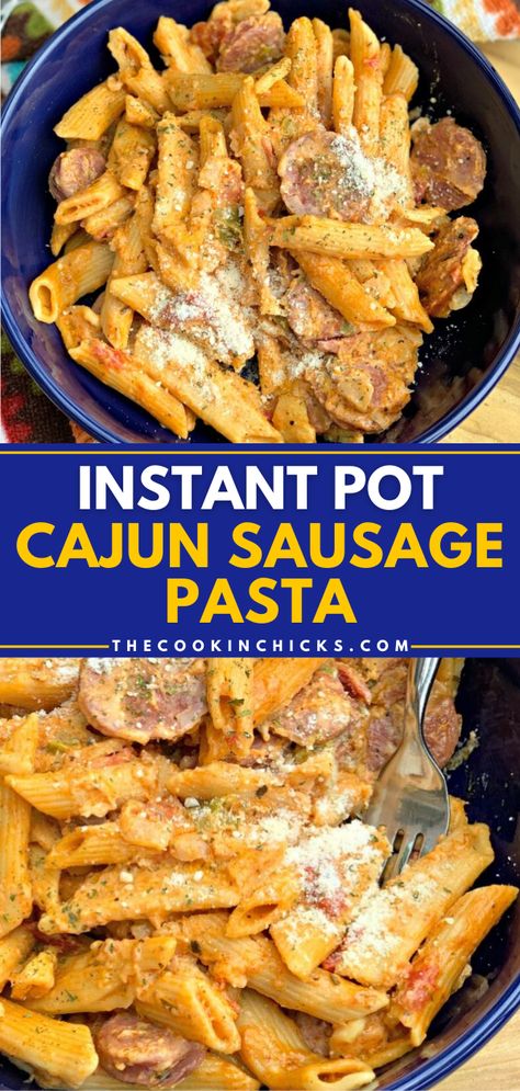 Looking for more one-pot dinners? Here's a pressure cooker meal that's ready in under 20 minutes! Easy yet flavor-packed, this Instant Pot Cajun Chicken Pasta will become one of your favorites. Save this cajun recipe and try this pasta dish today! Cajun Sausage Pasta Instant Pot, Instapot Cajun Chicken Pasta Recipes, Cajun Instant Pot Recipes, Insta Pot Pasta Recipe, Instant Pot Cajun Chicken Pasta, Instant Pot Sausage Recipes, Meals Under 20$, Instant Pot Cajun Pasta, Instant Pot Cajun Chicken