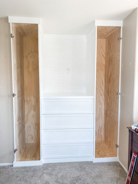 Custom built in wardrobe/dresser Built In Bedroom Drawers Ideas, Closet Turned Wardrobe, Diy Wardrobe Closet From Bookshelf, Tall Dresser In Closet, Diy Wardrobe Built In, Diy Built In Dresser In Closet, Diy Built In Dresser In Bedroom, Built In Dresser In Bedroom Master Suite, Closet Built In Dresser