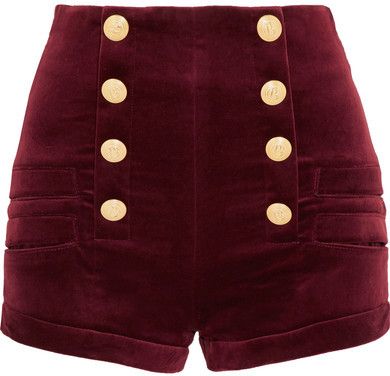 Pierre Balmain - Velvet Shorts - Burgundy Acne Sweater, Dress Reference, Cl Fashion, Outfit Pieces, Girly Fits, Pants Short, Burgundy Shorts, Velvet Shorts, Zipper Shorts